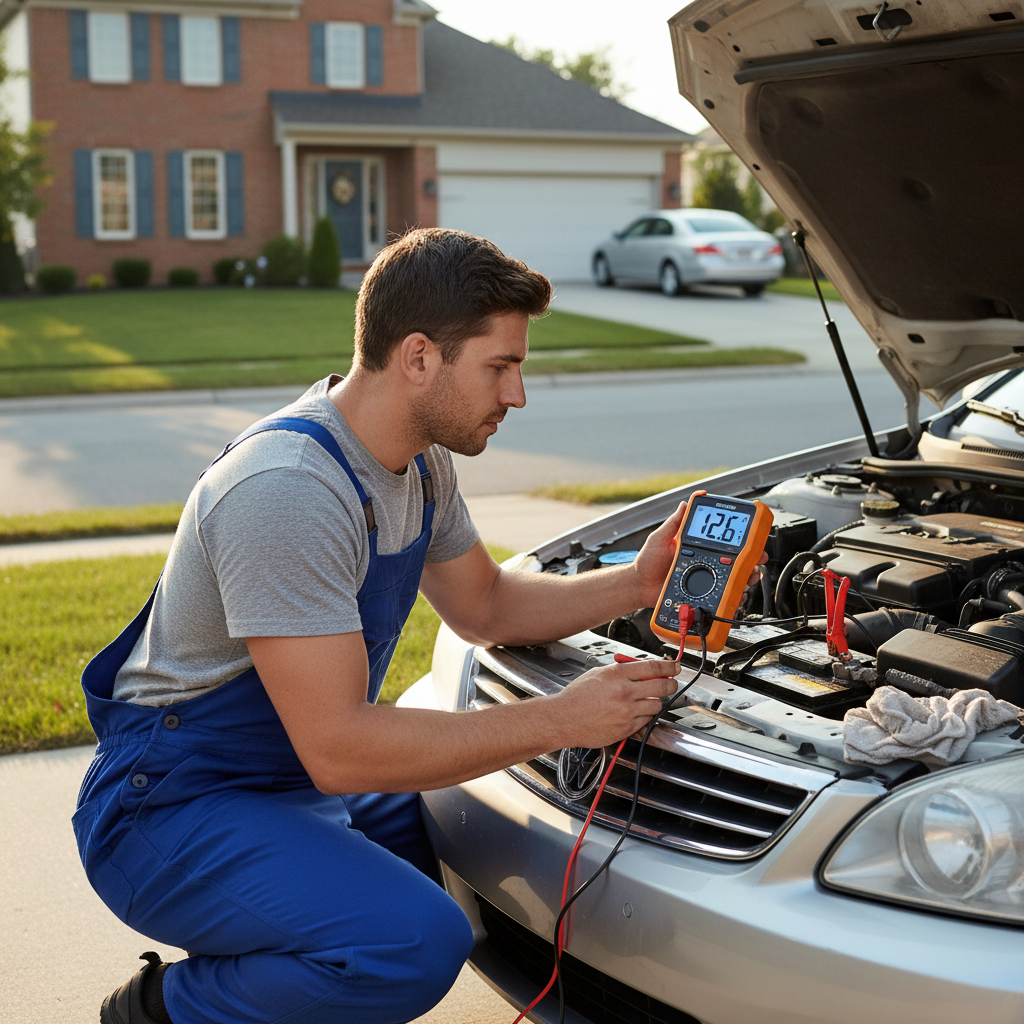Testing your battery voltage is a key step in fall maintenance to ensure reliability. Mechanic using a digital multimeter to test a car battery's voltage in a driveway setting.