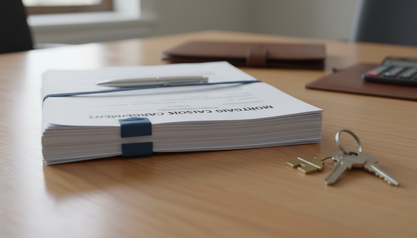 Real estate documents are sensitive and must be signed exactly according to legal protocols. A stack of mortgage closing documents and house keys on a wooden table, ready for a professional signing session.