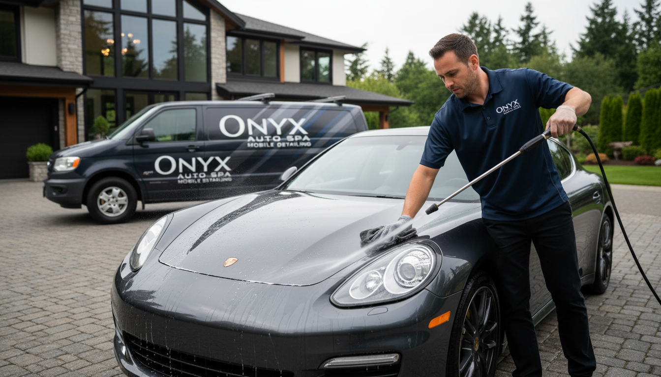 Detailing technician washing a luxury car at a residence