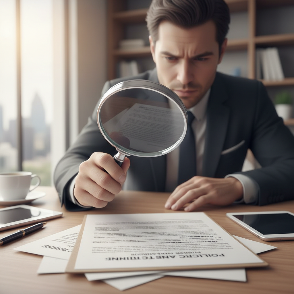 Carefully reviewing the fine print is the first step in challenging a claim denial. Close up of a magnifying glass over insurance policy fine print to identify coverage exclusions.