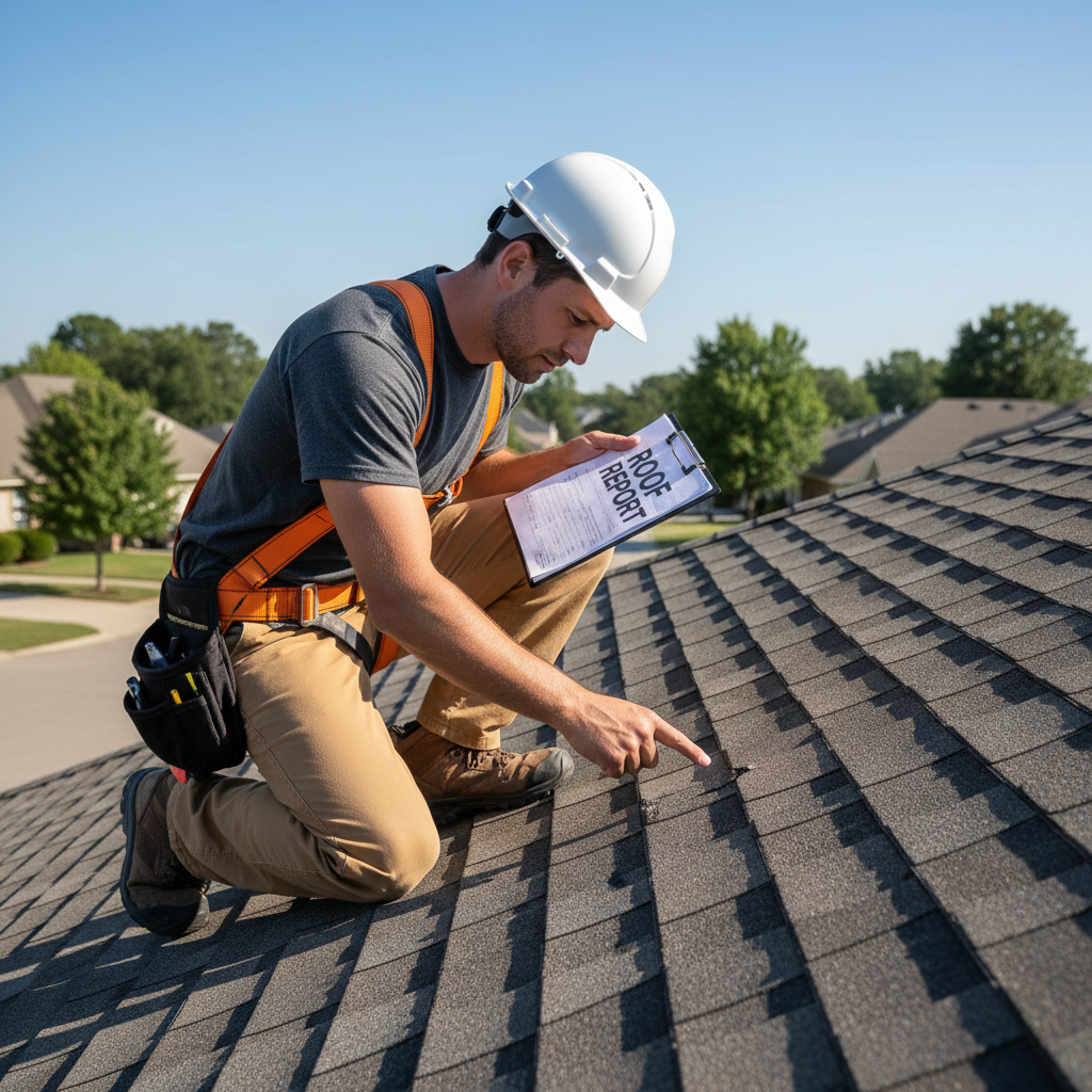 A professional inspection is the only way to confirm if hail has compromised your shingles. A professional roofing expert inspecting asphalt shingles for storm damage on a residential rooftop