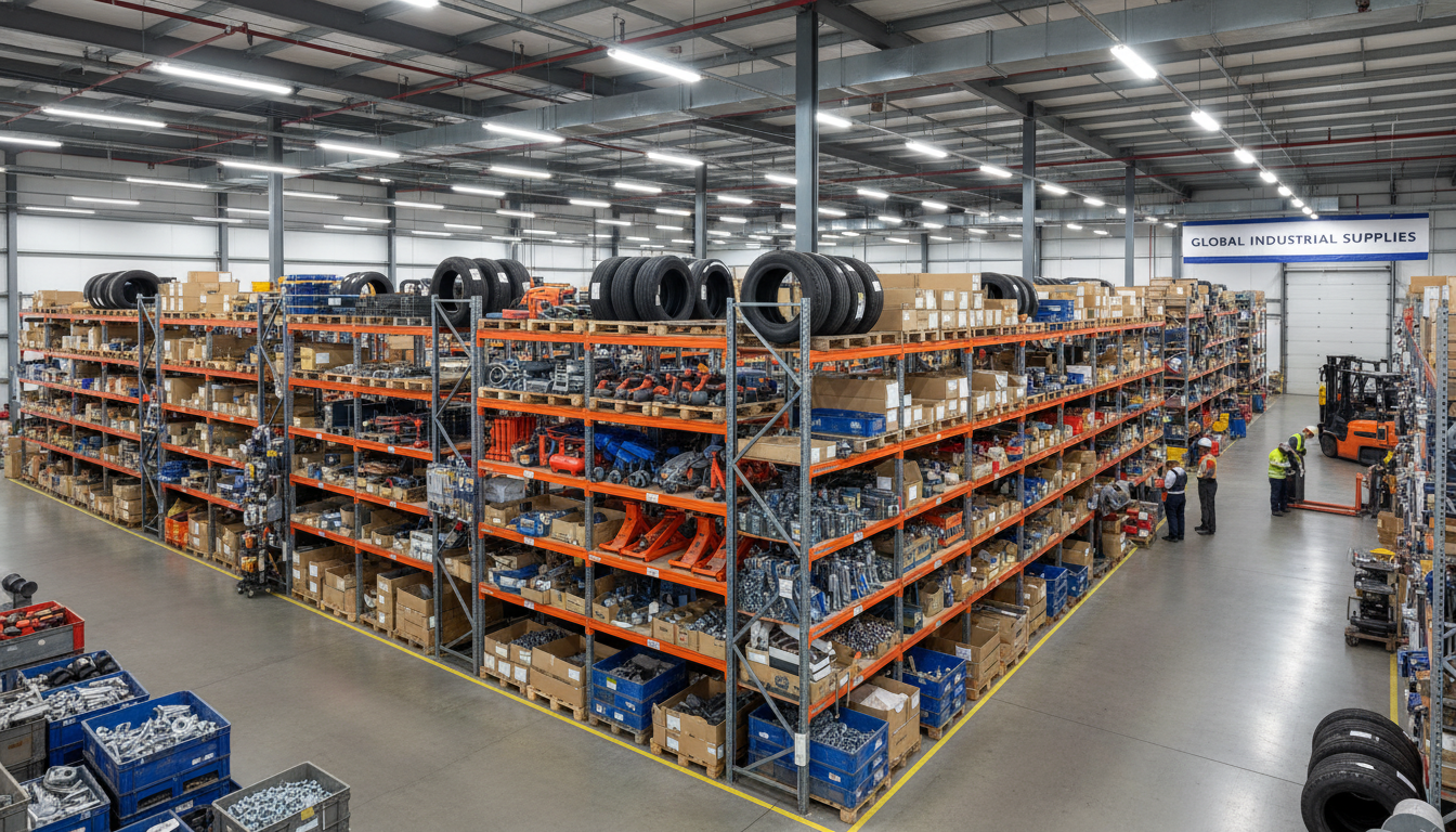 Proper organization and climate controlled storage prevent consumable waste. Inside of an industrial supply warehouse with tools and equipment organized on shelves