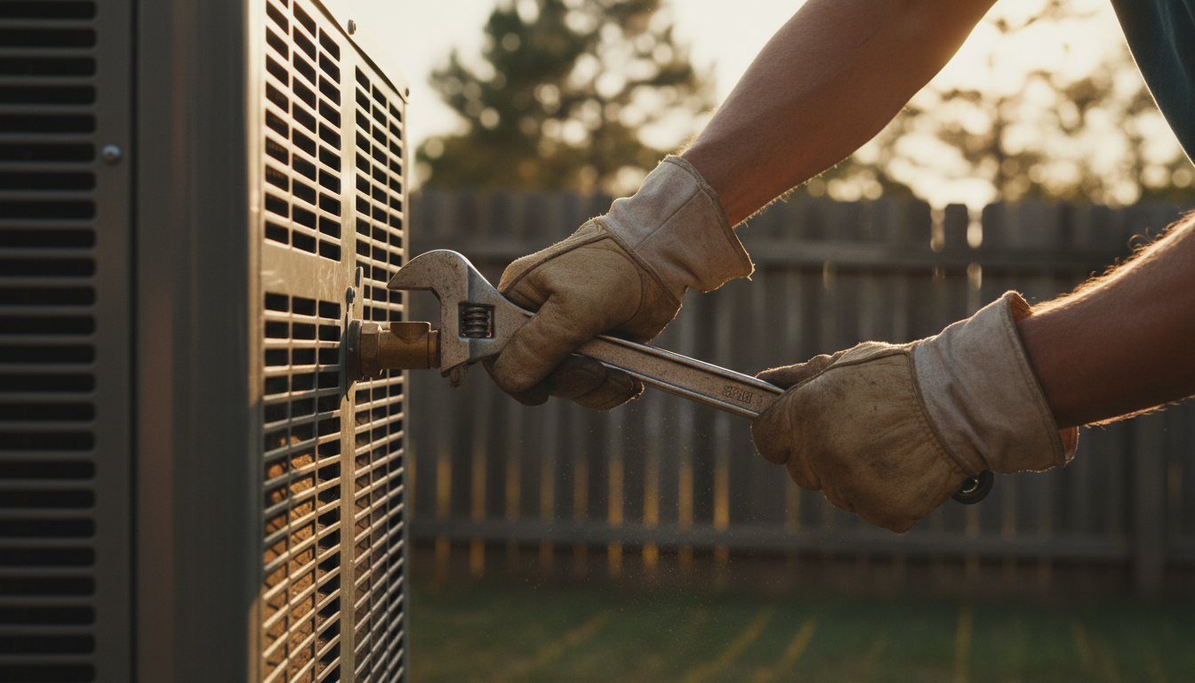 Professional maintenance includes tightening connections and checking safety valves that homeowners might miss. Close-up of a technician tightening a valve on a residential HVAC unit with a wrench in golden sunlight.