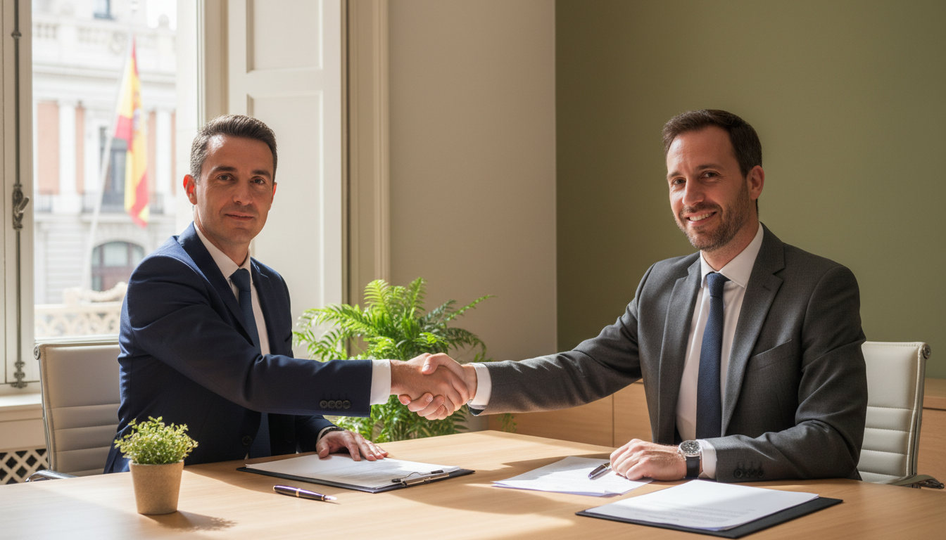 Planificamos tu futuro en España más allá de tu periodo de formación académica. Apretón de manos profesional entre un gestor de GOEX Extranjería y un cliente tras planificar su estrategia de residencia.