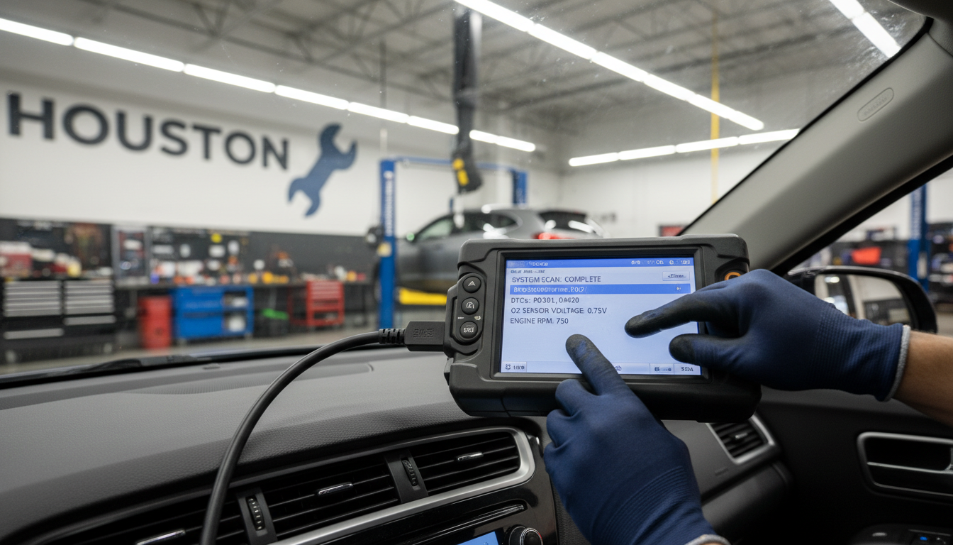 A diagnostic scanner is used to ensure your vehicle's emissions system is functioning correctly. A close up view of a mechanic's hands using a diagnostic scanner to check a vehicle's computer system status.