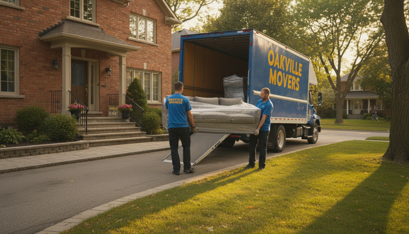 Local moves in Oakville demand neighbourhood-specific planning and professional care. Moving truck backed up to an Oakville residential driveway with movers carrying wrapped sofa down front steps