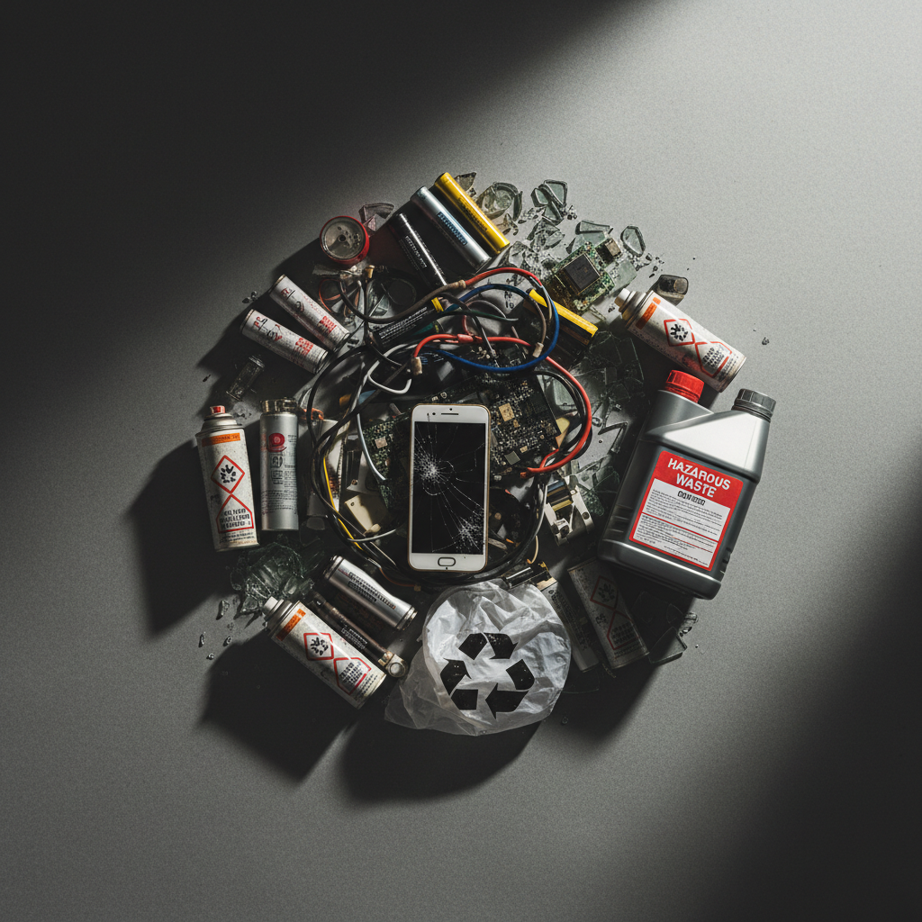 Hazardous items like batteries and electronics should never be placed in standard recycling bins. Overhead view of prohibited items including batteries and electronics on a dark background.