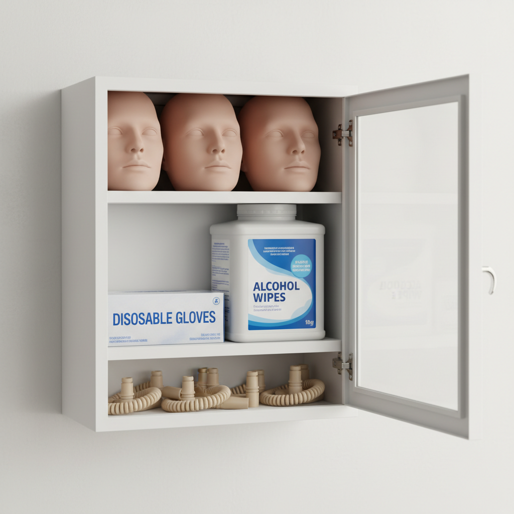 Personal protective equipment and clean supplies are the first step in safe bleeding control. An organized wall cabinet containing first aid supplies including disposable gloves, alcohol wipes, and replacement airways for training.