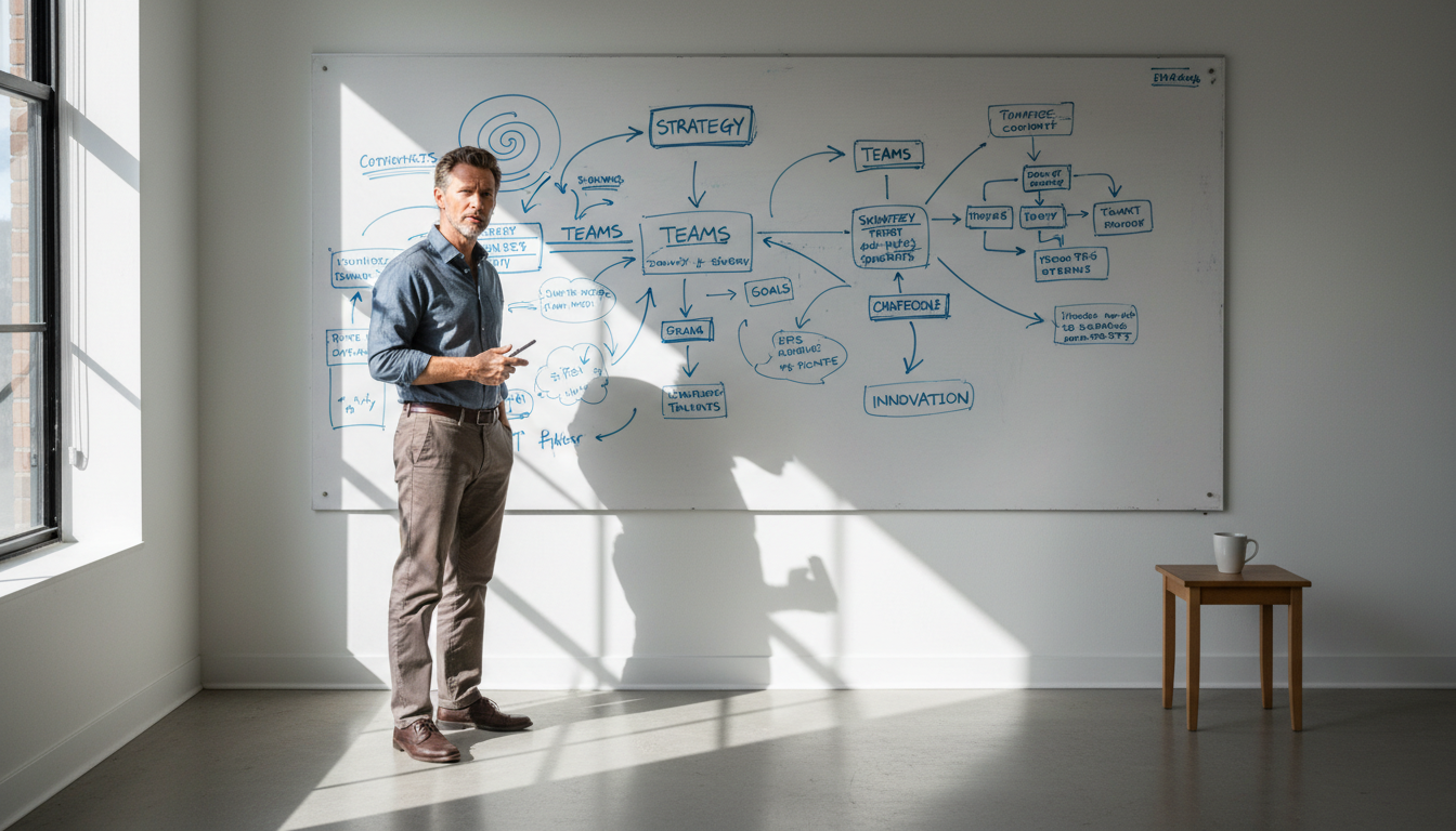 Mapping out your first 90 days provides the clarity needed to lead former peers effectively. A leader standing at a whiteboard with rough organizational diagrams and notes.