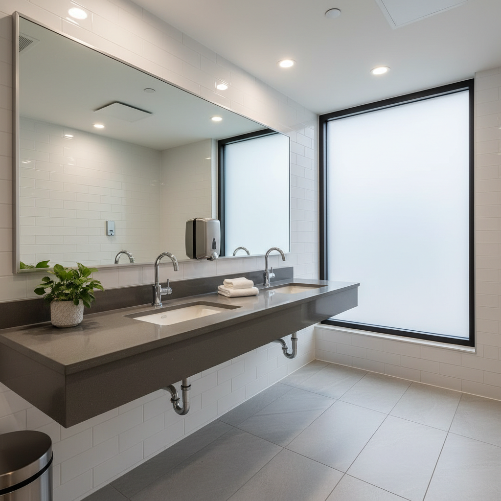 Sanitizing bathrooms regularly prevents the spread of germs during cold and flu season. A clean, polished bathroom sink and mirror in a professional setting showing high hygiene standards.