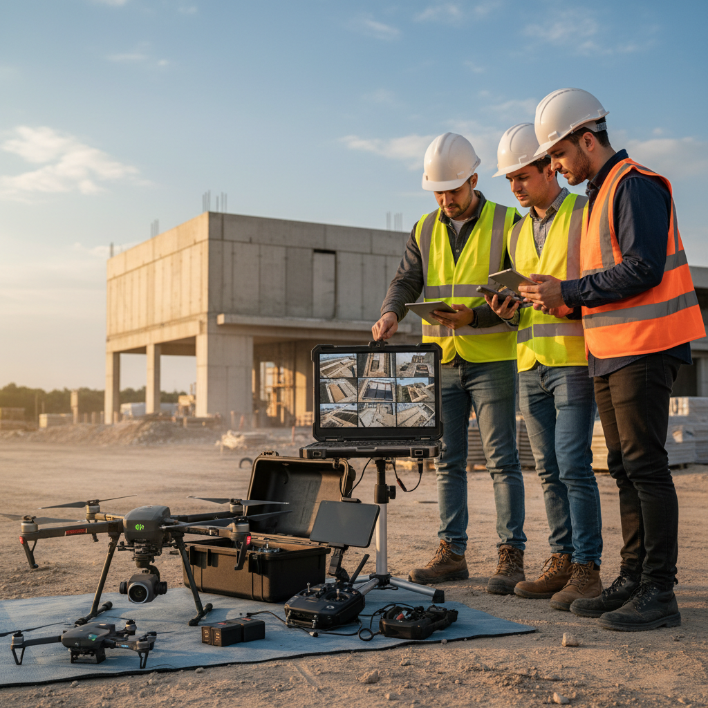 Reviewing thermal anomalies on-site allows for immediate identification of insulation gaps in residential properties. A team of experts reviewing drone-captured aerial footage on a laptop at a property site in Saudi Arabia.