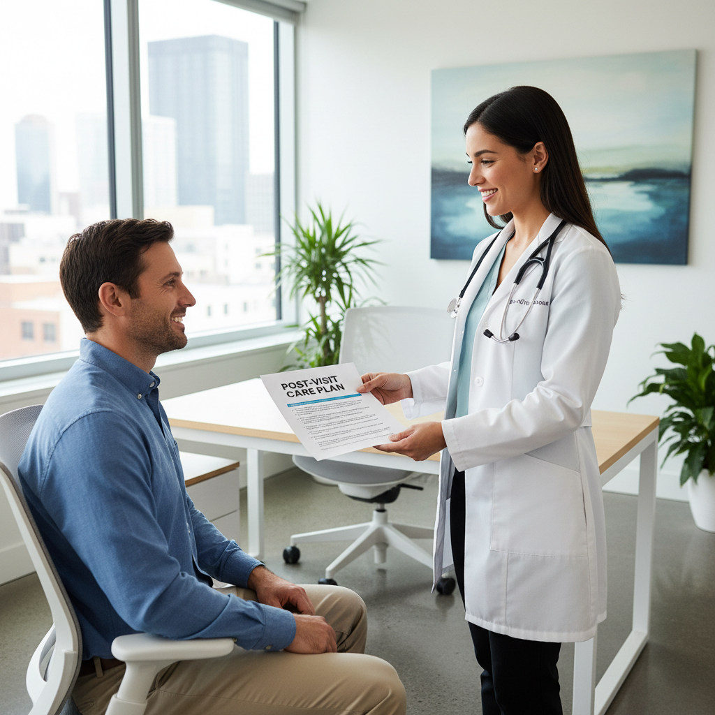Always follow the specific dosage and care instructions provided by your healthcare provider. A doctor providing a patient with a printed list of home care instructions and treatment guidelines.