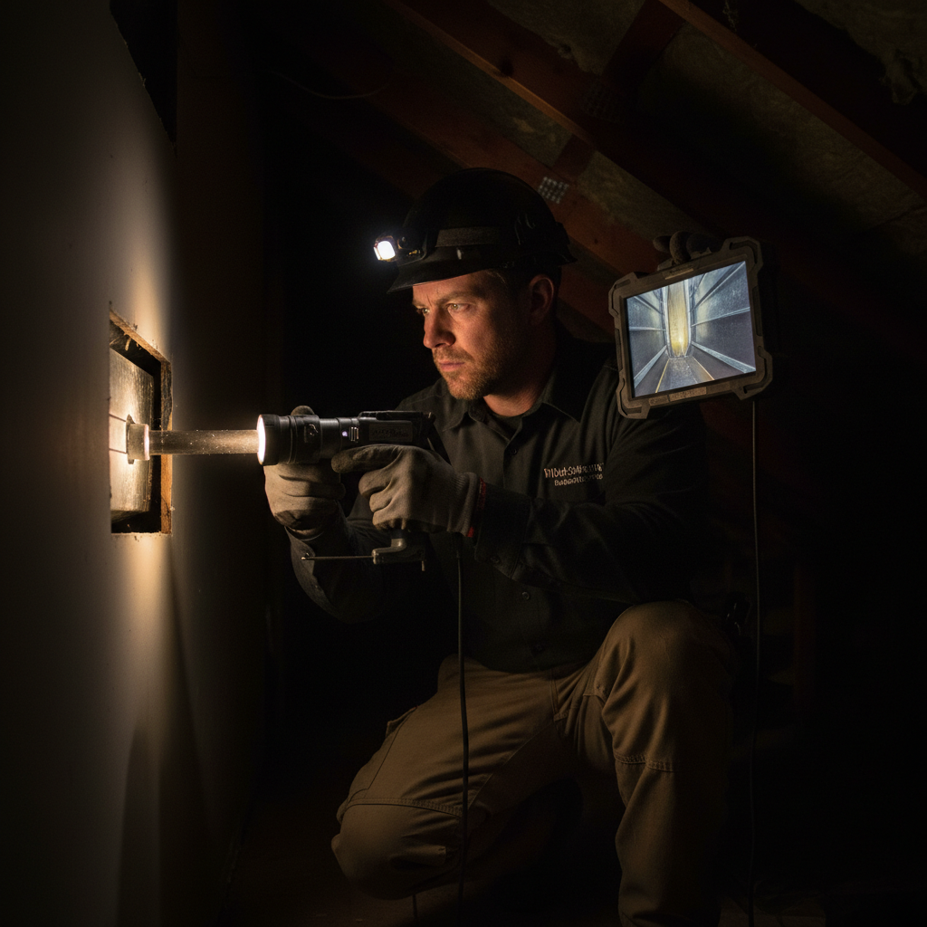 Professional duct cleaning begins with a detailed camera inspection to identify debris buildup and potential blockages. An HVAC technician using a flashlight inspection camera to examine the interior of residential ductwork in a dark attic space.
