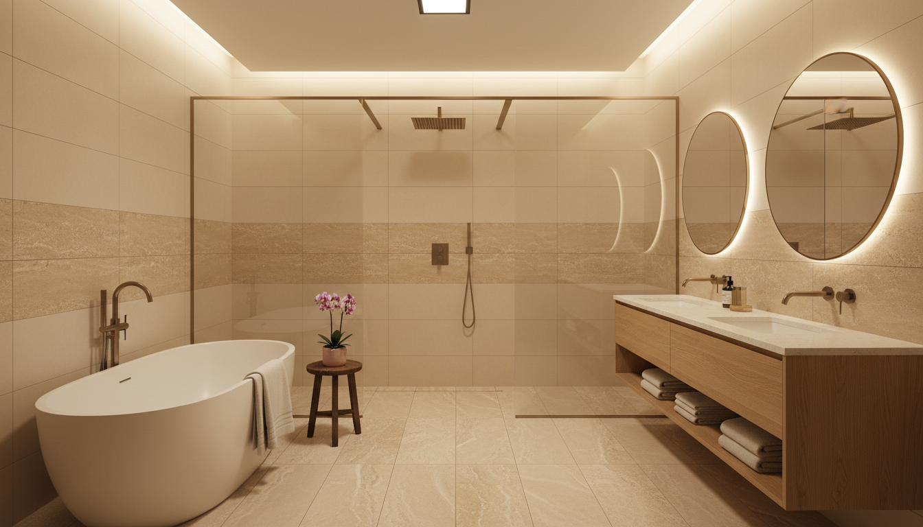 Frameless glass and designer fixtures can add $3,000 to $6,000 but dramatically elevate the finished look. Modern luxury bathroom with frameless glass shower and champagne bronze fixtures in neutral warm finish