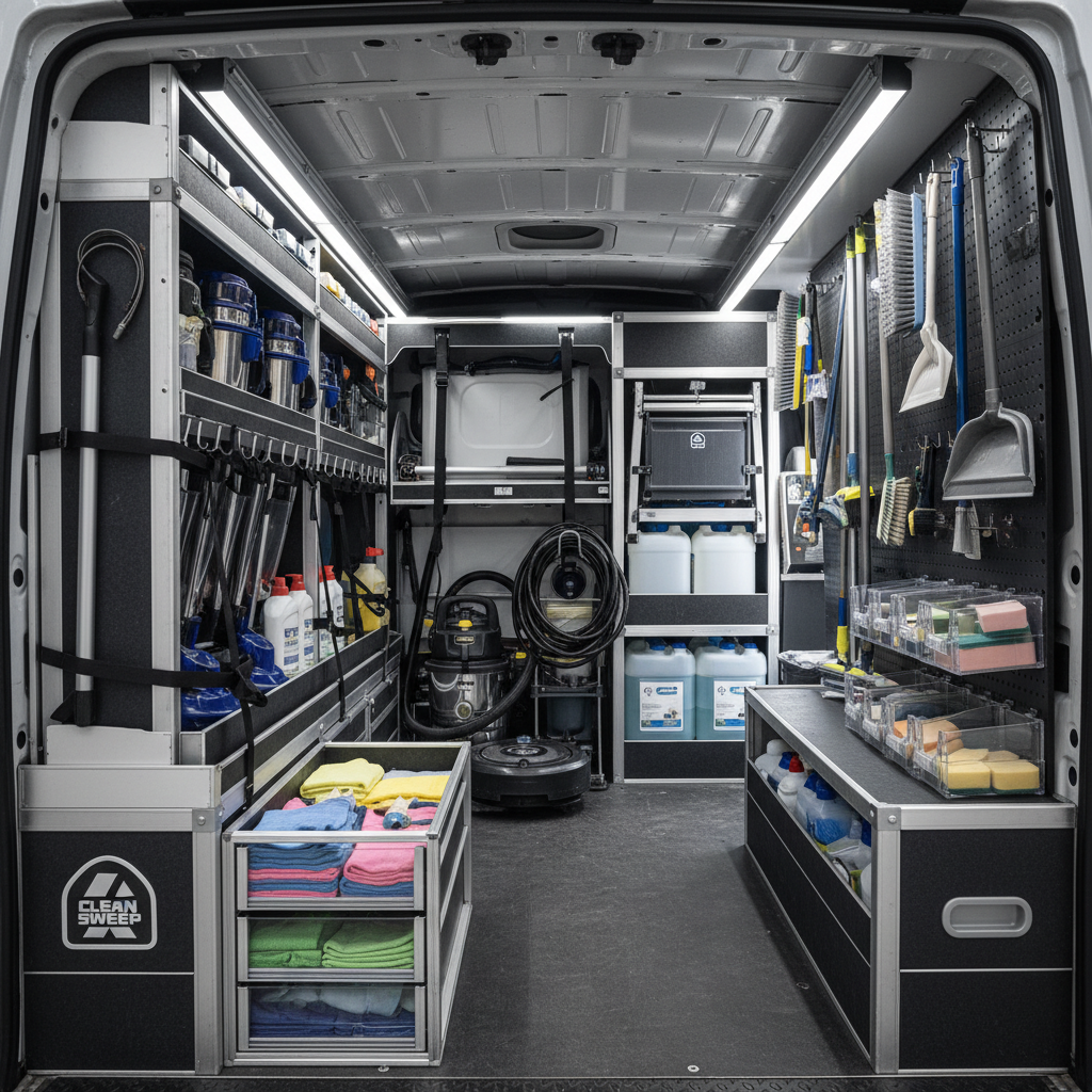 Professional grade equipment is the first line of defense in property maintenance. Organized professional cleaning equipment and specialized industrial products in a service vehicle.