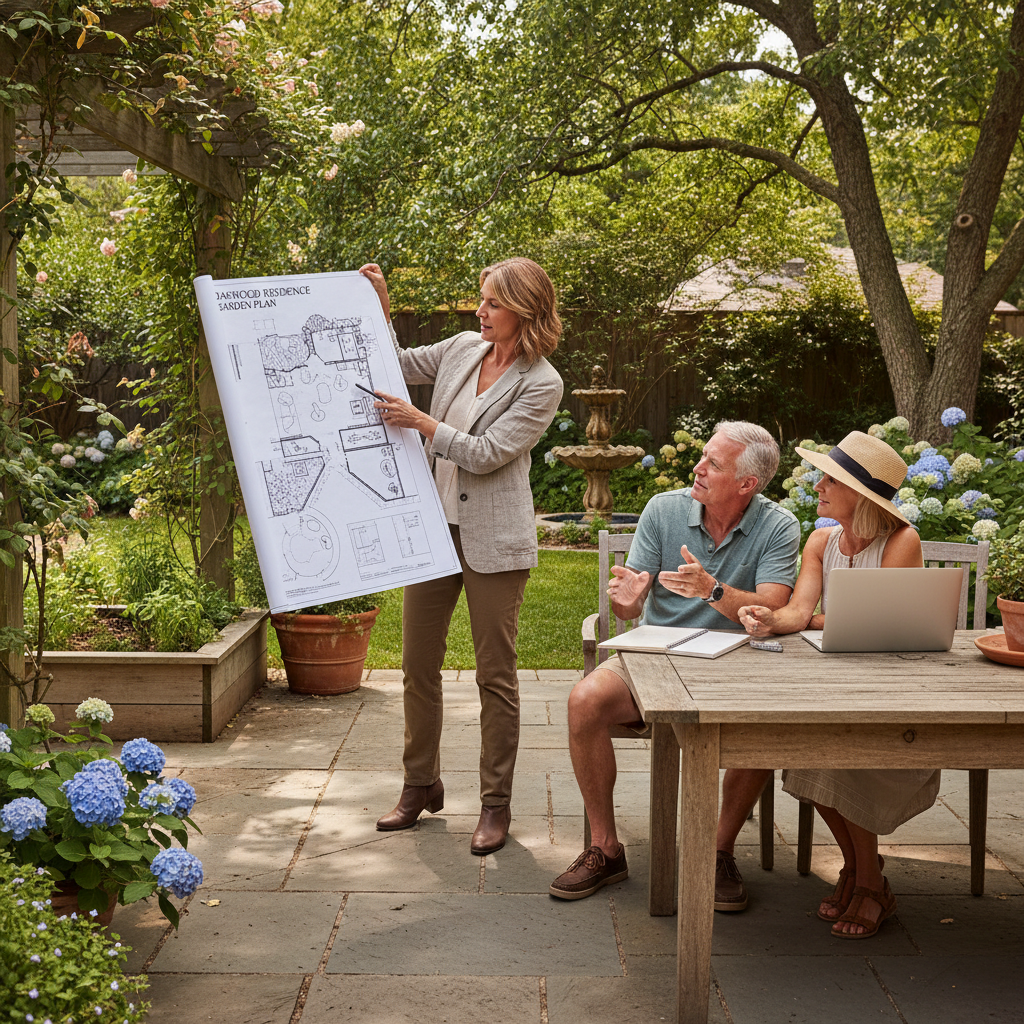 Professional design consultations help align your vision with the realities of your property's terrain. A landscape architect presenting a finished garden design plan to a couple in their backyard.