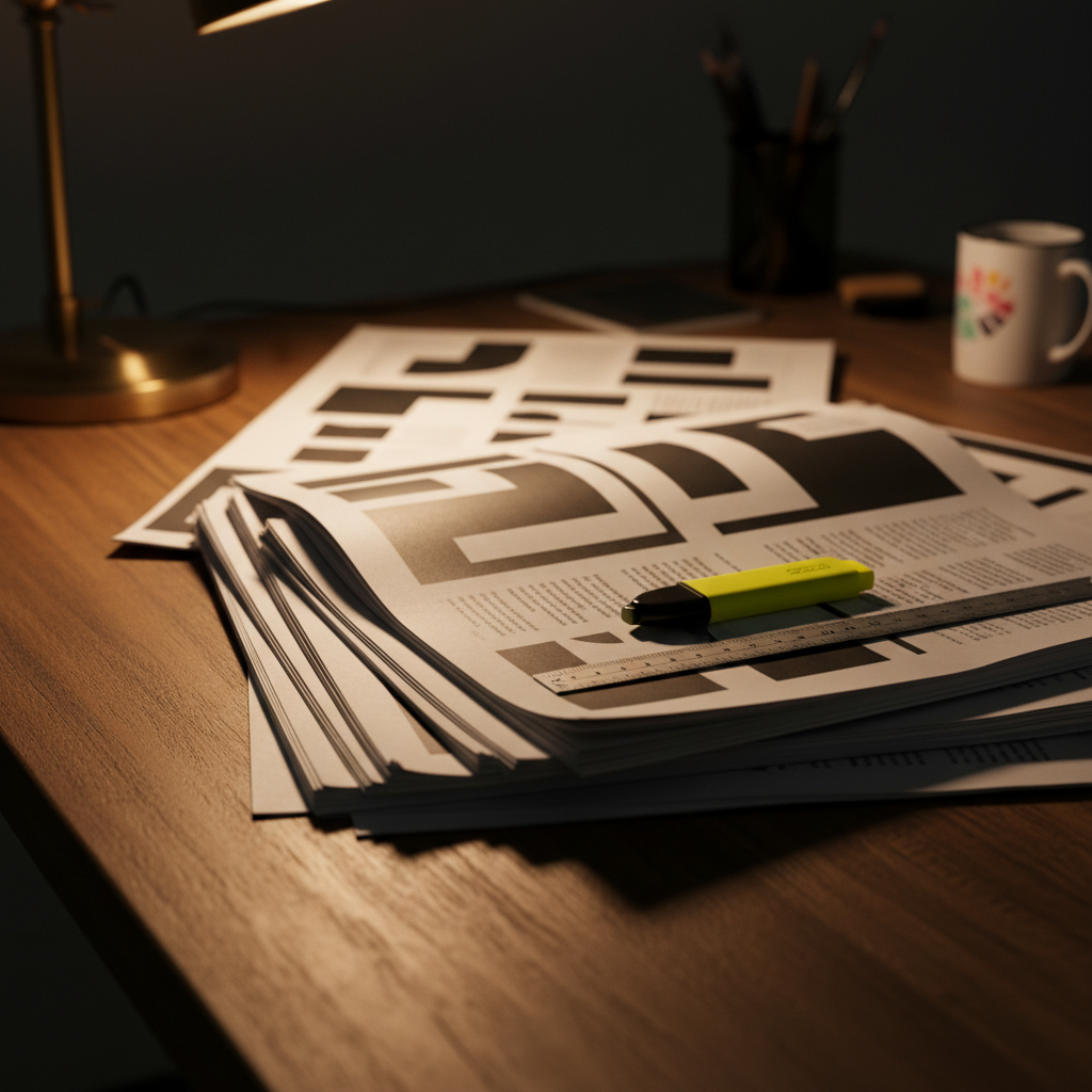 Transitioning to IFRS 18 requires meticulous review of comparative data for 2026. A stack of printed report proofs on a designer's desk, representing the careful review process required for IFRS restatements.