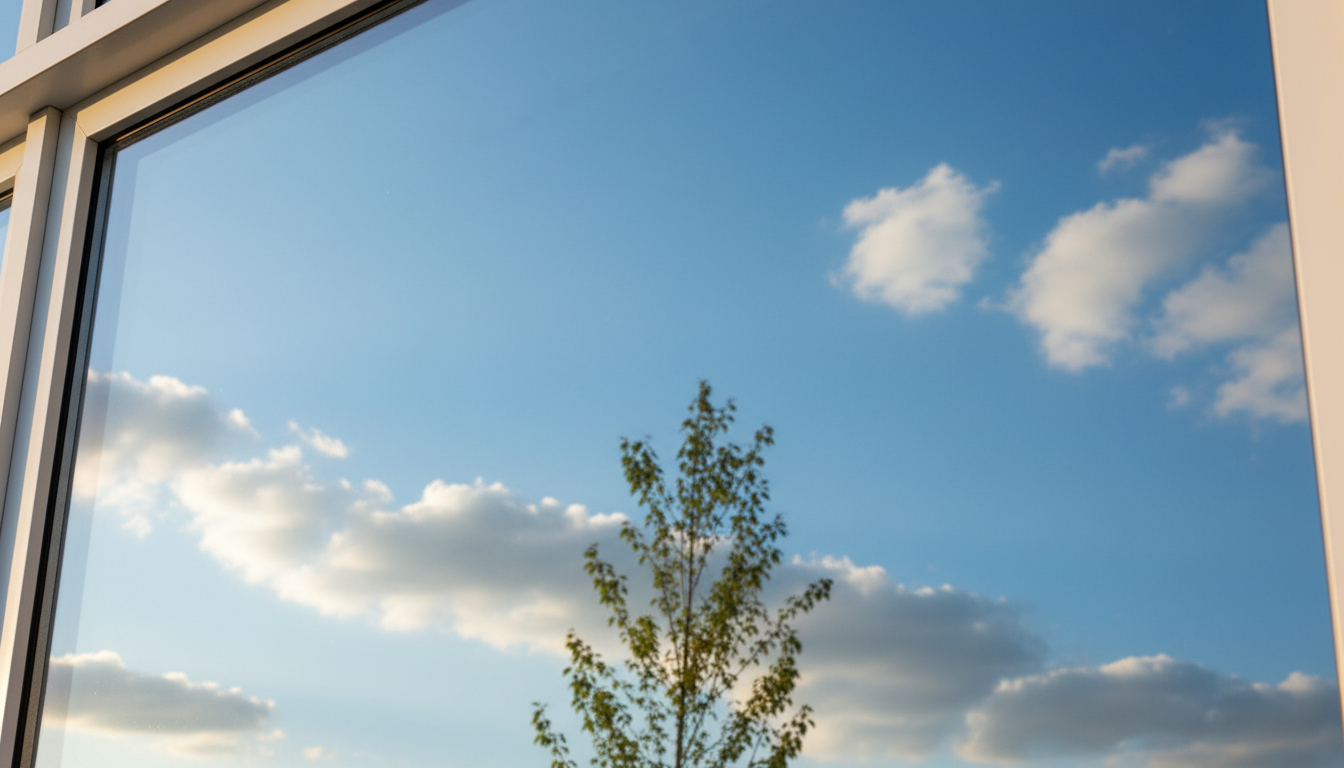Pollen and salt spray are common culprits for dirty windows in Auckland's coastal and bush areas. Clear residential window reflecting a blue sky and green tree branch, showing the clarity achieved after professional cleaning.