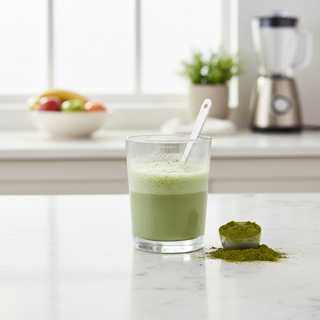 Greens powders often combine the benefits of enzymes and probiotics into one easy scoop. A glass of green superfood powder drink with a scoop on a bright kitchen counter symbolizing easy digestion.