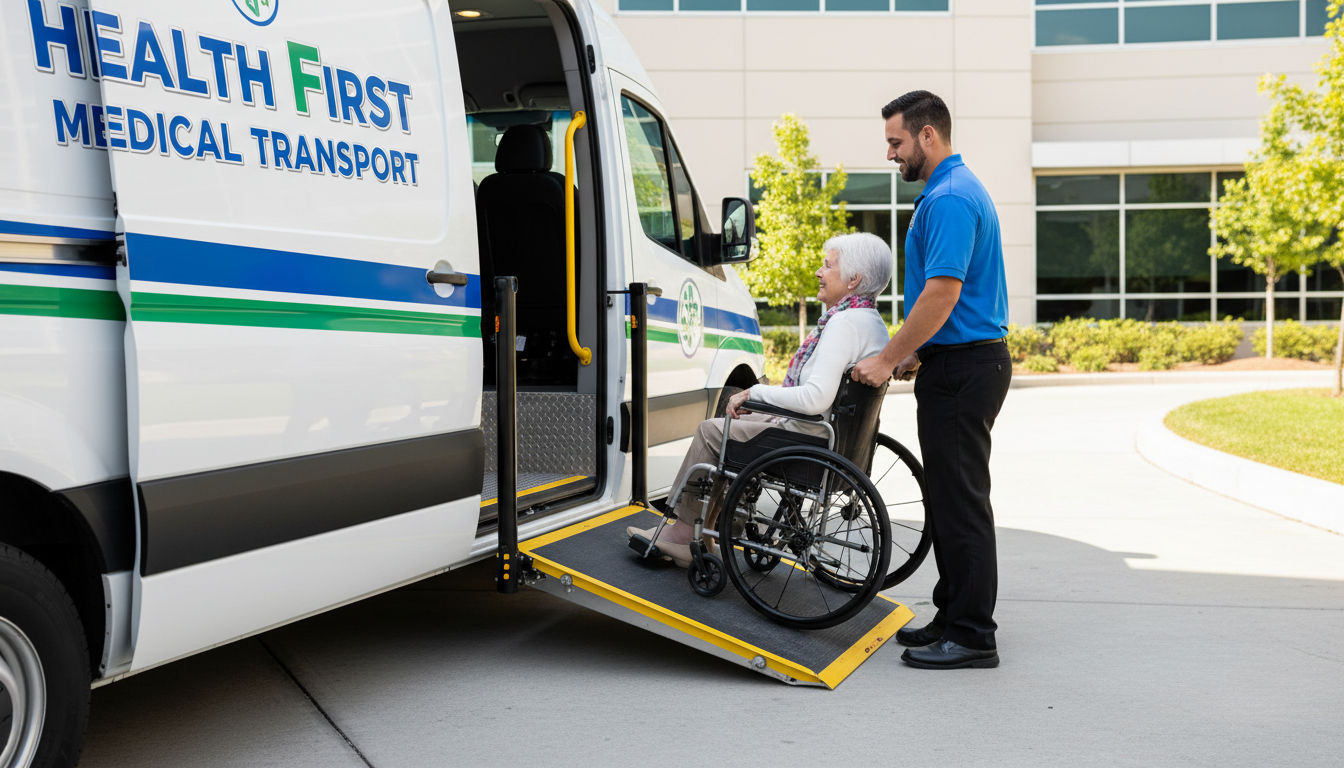Professional drivers ensure safe and dignified transitions for wheelchair-bound patients. A professional healthcare driver in Newport Beach assisting a senior patient into a medical transport van using wheelchair accessibility equipment.