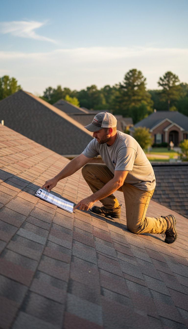 Professional contractors must document damage carefully to comply with NC's 25 percent rule. Roofer on a residential North Carolina roof using a clipboard to document damage according to building codes.