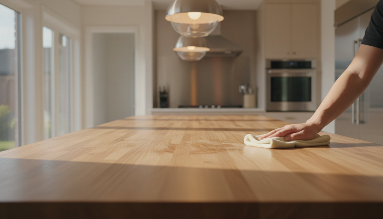 Knowing where to spend and where to save is the key to a realistic kitchen budget. Renovated kitchen counter workspace with engineered hardwood countertop, pendant lighting, and stainless appliances