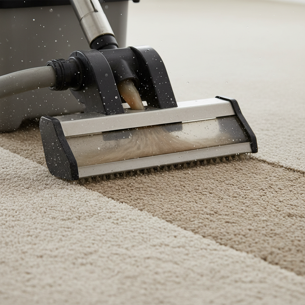 Professional carpet steam cleaning is essential during Canberra's peak pollen season. A professional carpet steam cleaning machine being used on light beige carpet to remove allergens.