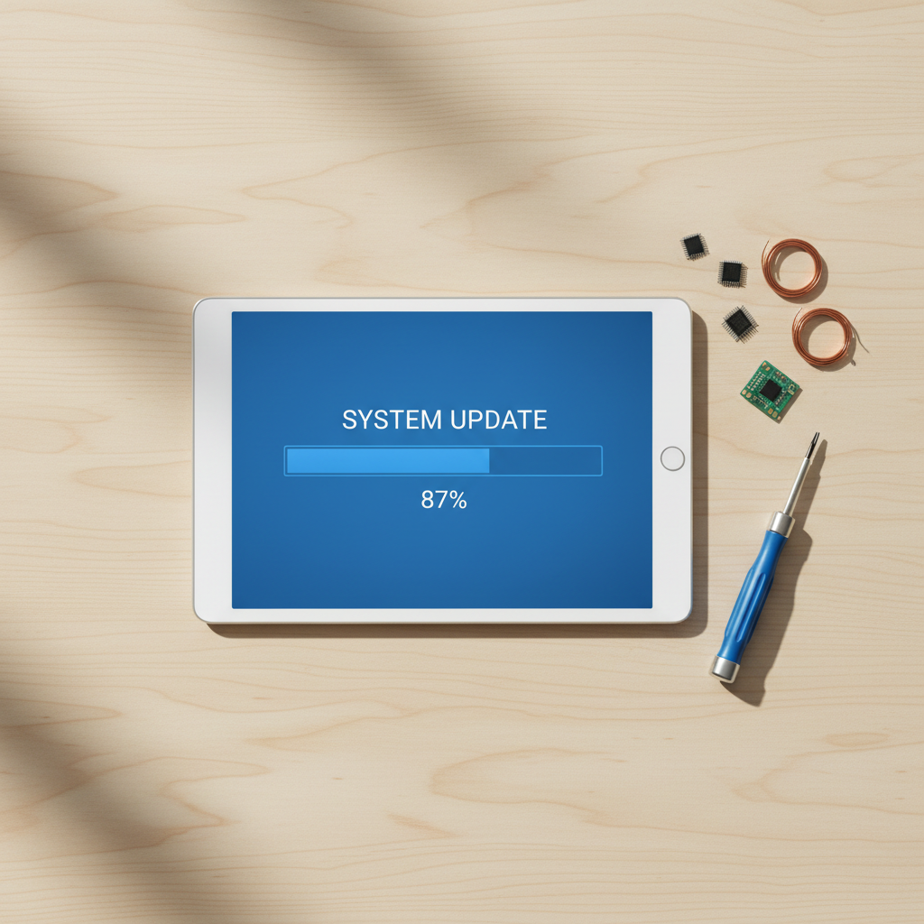 Configurare la sicurezza su macOS richiede precisione e strumenti integrati di sistema. Scrivania pulita con tablet e componenti elettronici, che richiama un ambiente tecnologico professionale e ordinato.