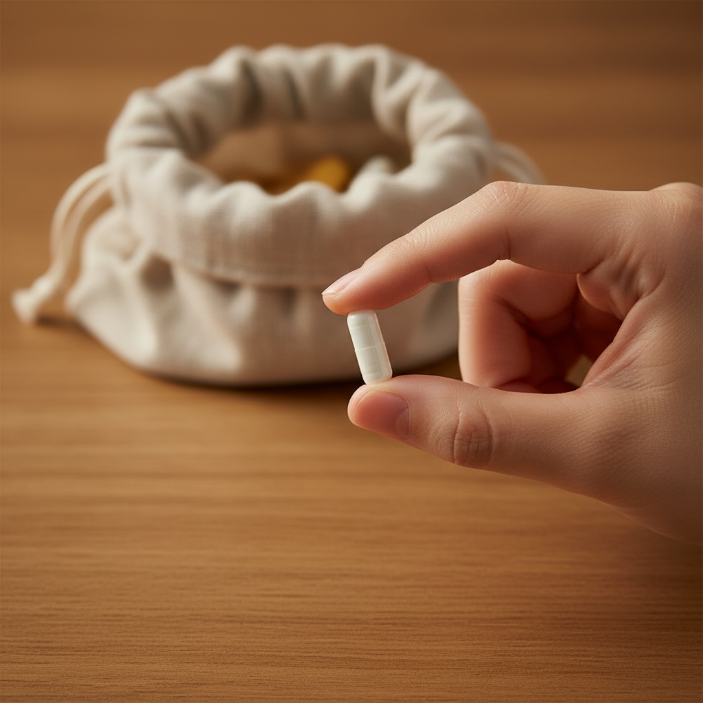 Understanding how your body processes new nutrients is key to a long term wellness routine. A close up of a hand holding a single white capsule over a wooden table.