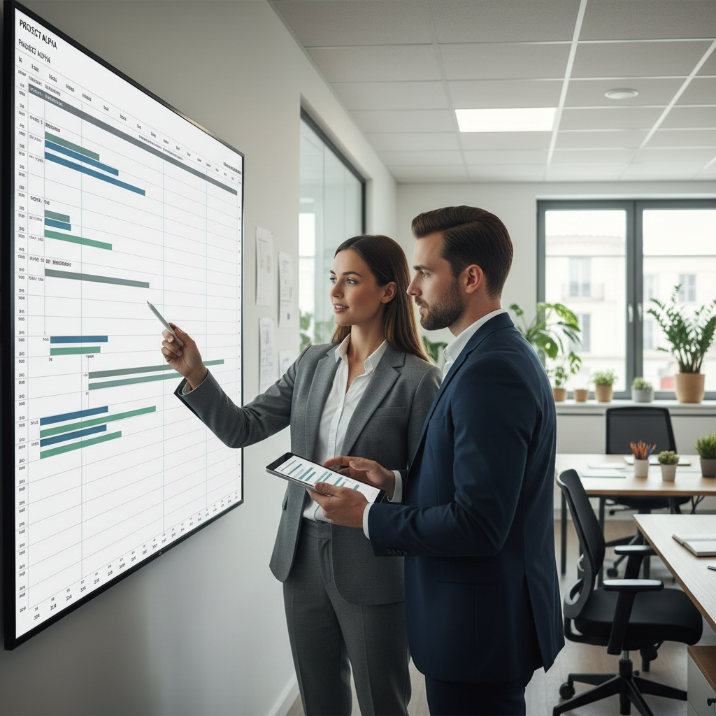 Successful onboarding involves aligning project timelines with the daily reality of your operations. Operations manager and colleague reviewing a large project Gantt chart in a professional office environment.