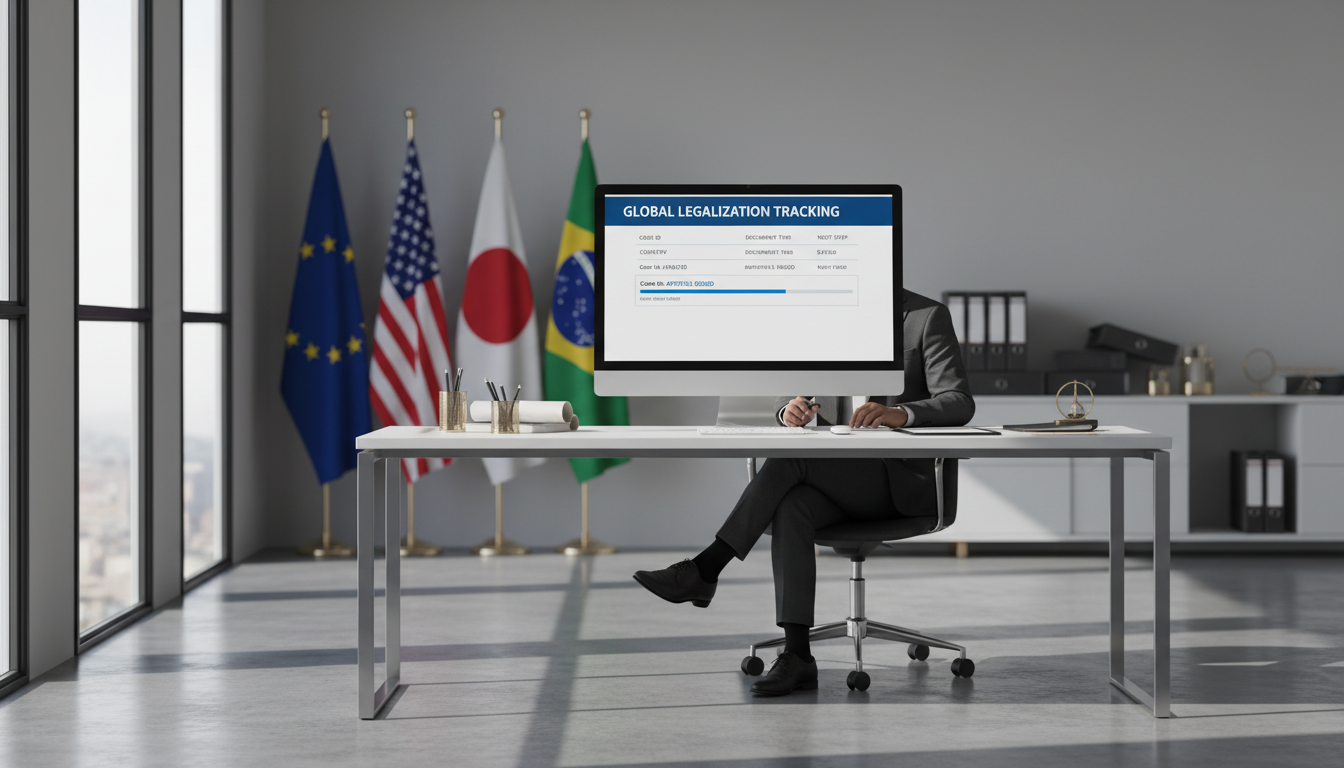 Para países como EAU o Arabia Saudí, la apostilla no basta: se requiere legalización consular completa. Profesional revisando documentación internacional en oficina diplomática con banderas de distintos países al fondo