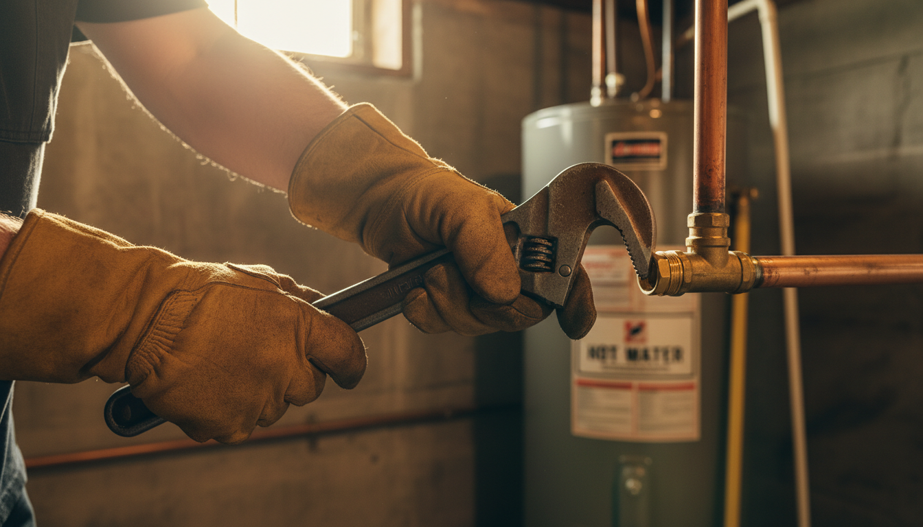 Properly securing valves and fittings is crucial during the flushing process to prevent leaks. Close up of a plumber's hands using a wrench to tighten a fitting on copper piping in a residential basement.