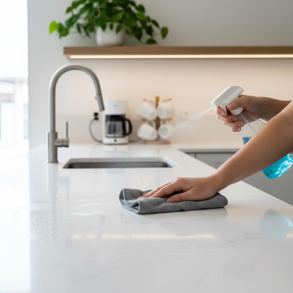 Focusing on high-touch surfaces like countertops and handles is essential for a healthy home. A gloved hand wiping down a clean modern kitchen counter with a spray bottle and blue cloth.