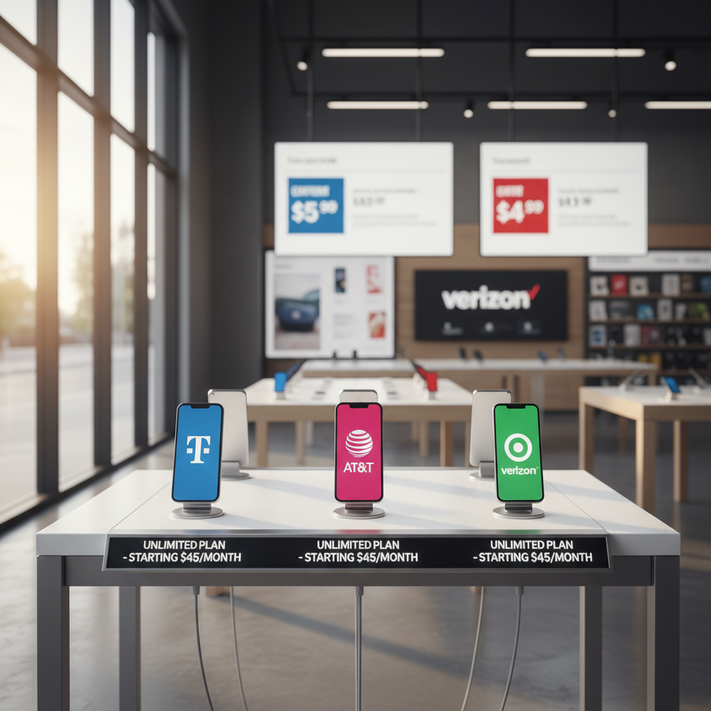 Postpaid plans often offer the benefit of financing the latest flagship devices. A modern smartphone display stand in a retail store with carrier logos and plan options visible in the background.