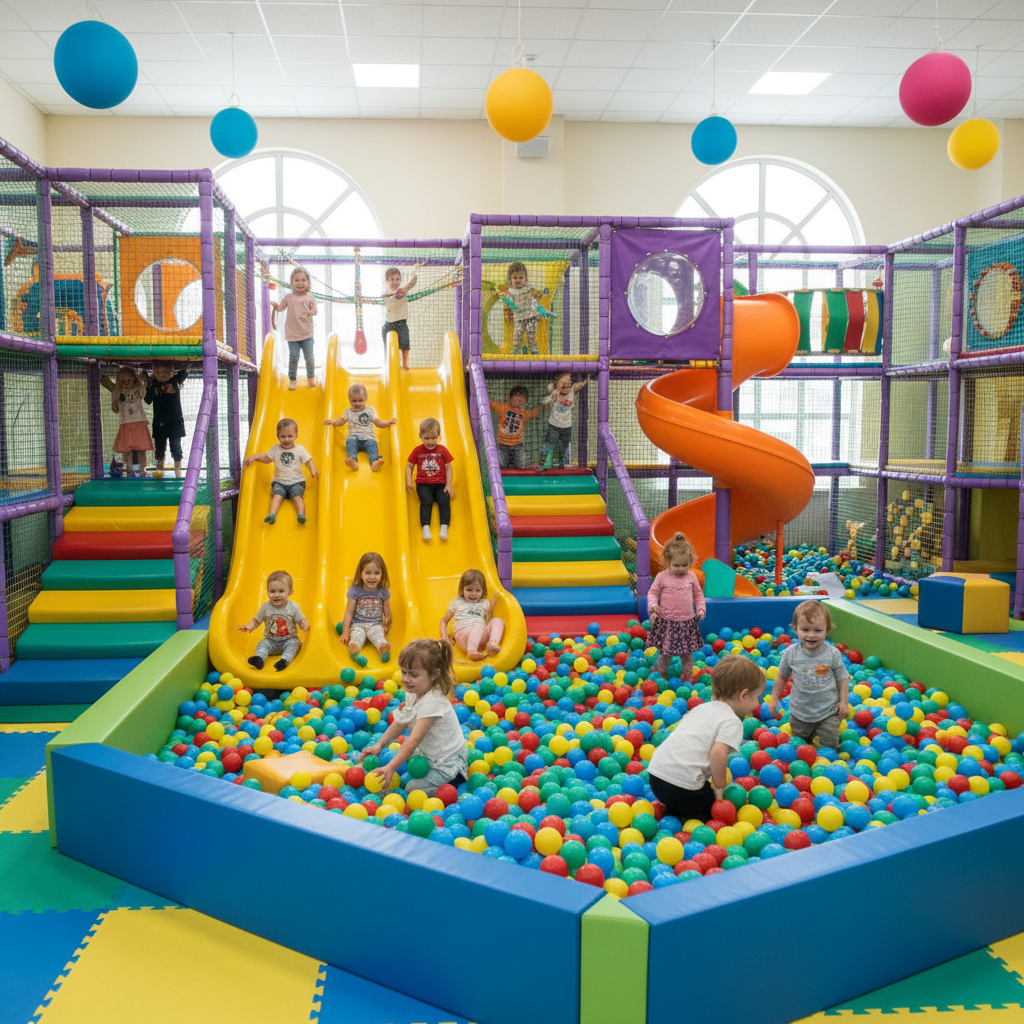 Active play at Lollipops helps children develop motor skills and social bonds. Brightly colored indoor playground with ball pits and slides for active play in Orlando.
