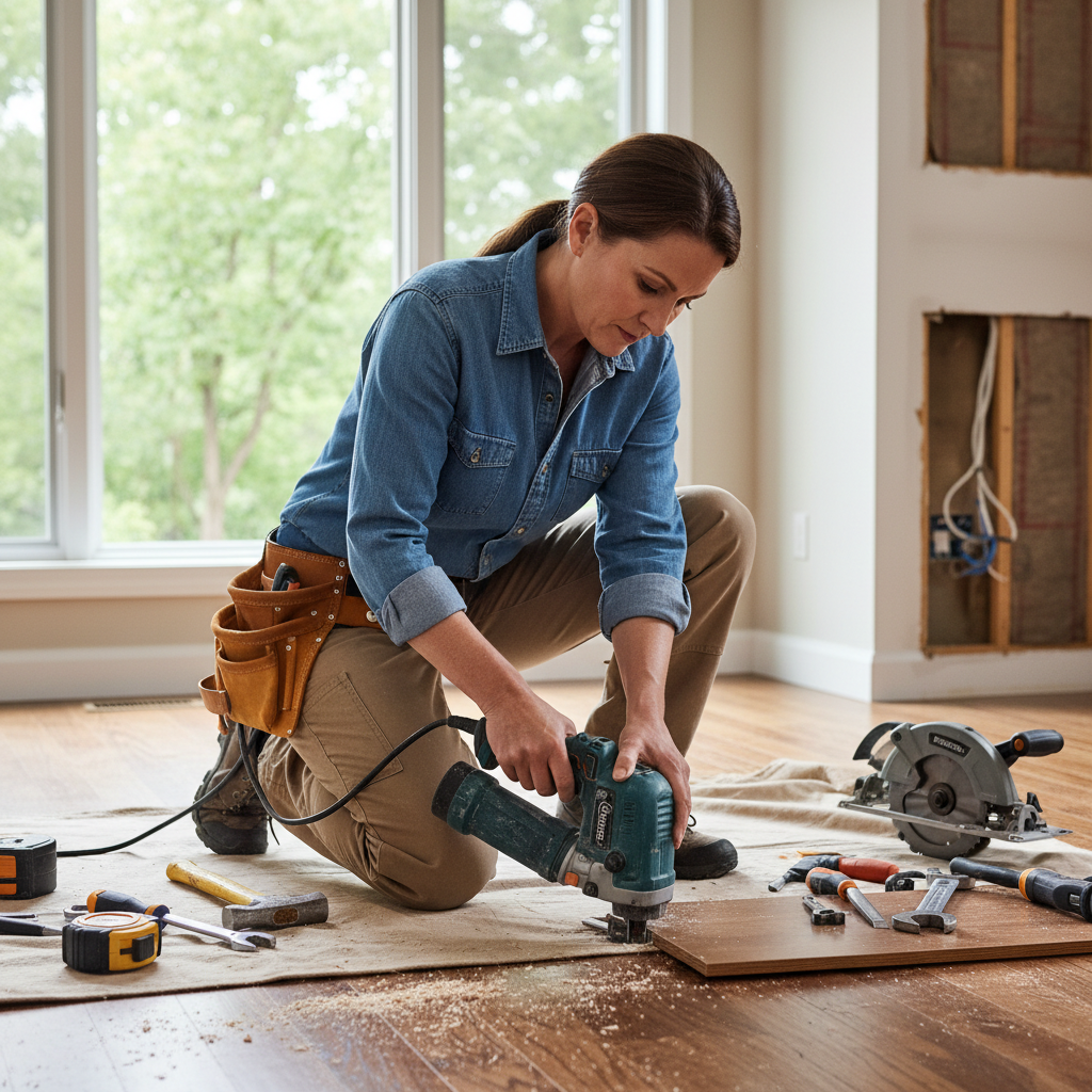 Older Visalia homes often reveal surprises during demo that affect the final budget. Contractor performing detailed home repair work with professional tools during a remodeling project