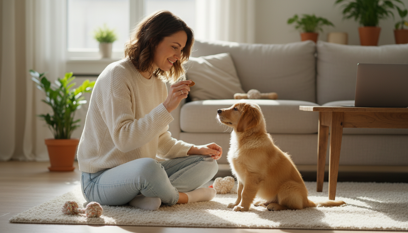 Positive reinforcement is key when introducing your puppy to new apartment building sights and sounds. An owner kneeling on a wooden floor rewarding a puppy with a treat to build positive associations.