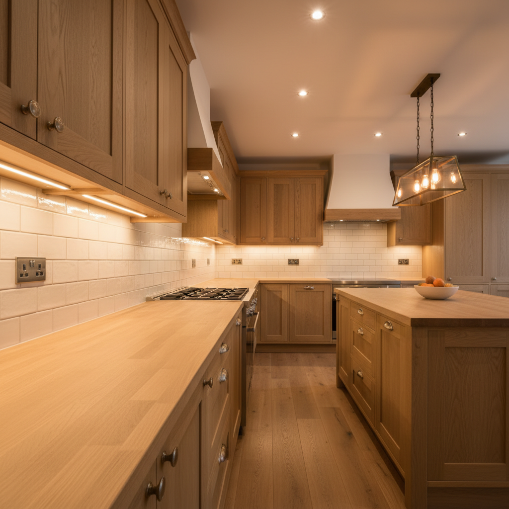 Modern electrical upgrades ensure your kitchen lighting remains steady even when appliances are running. A modern kitchen renovation showing newly installed lighting and outlets that prevent flickering issues.