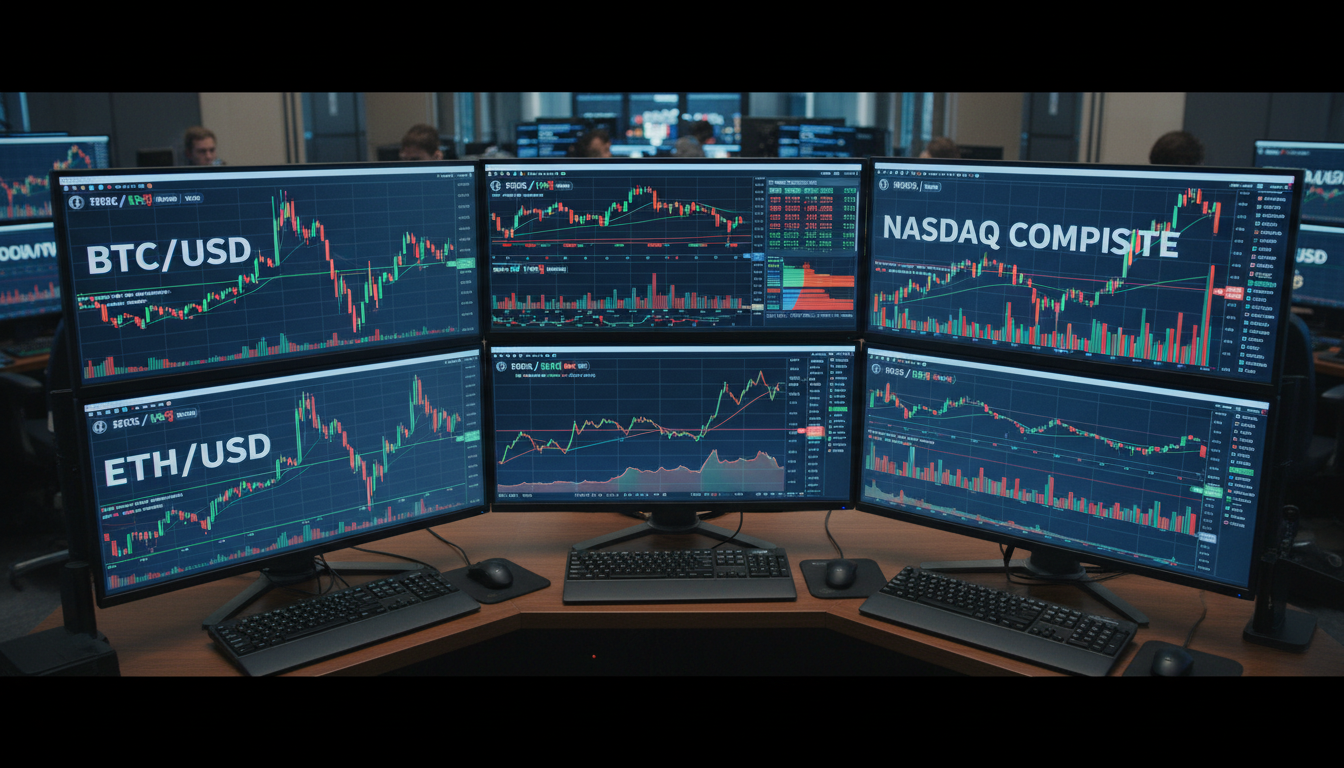 Pantallas de trading con criptomonedas forex e índices