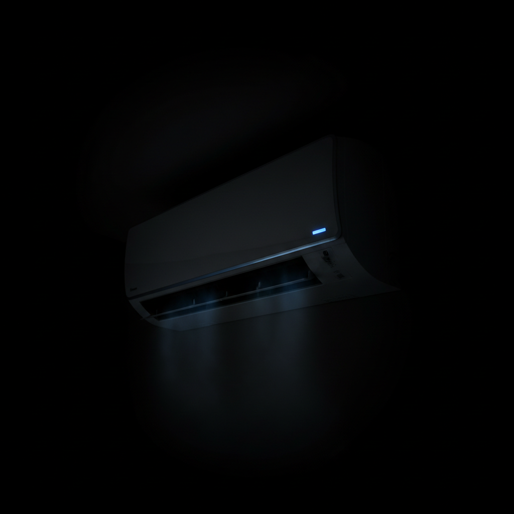 A modern indoor unit acts as an efficient heat distributor in your living space. Sleek wall-mounted indoor air conditioning unit showing clean lines and modern design in a dark setting.