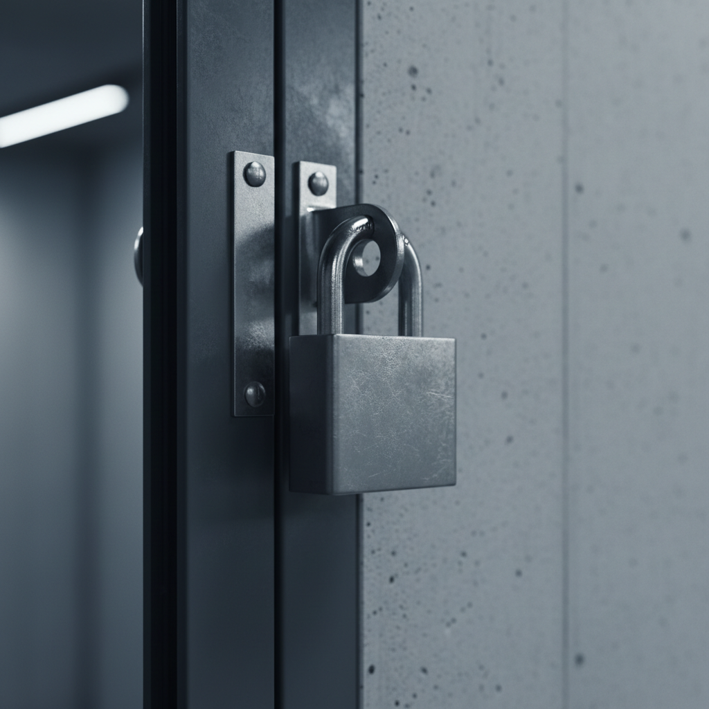 A secure lock is the first step in protecting your permitted belongings. Close-up of a sturdy stainless steel padlock on a storage unit door, emphasizing security and protection.
