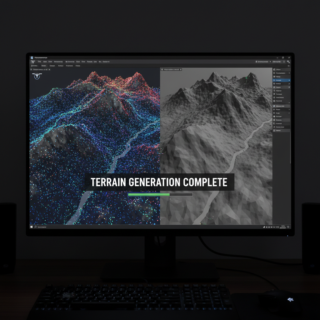 Advanced photogrammetry software converts aerial images into high-density 3D terrain models for volume calculation. Photogrammetry software interface showing a detailed 3D point cloud of an excavation site