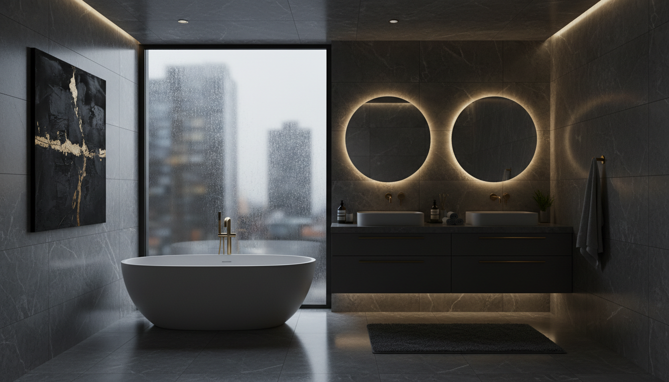 For high-end transformations, floor-to-ceiling tile creates a luxury feel that vinyl cannot replicate. Luxury spa bathroom in Fort Worth with floor to ceiling dark porcelain marble tiles and a freestanding tub.