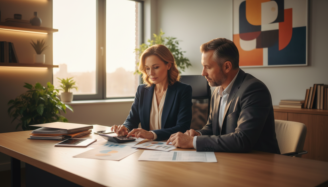 Consistent planning and early starts are the primary drivers of compound growth. A financial advisor in a modern office reviewing documents with a client using a calculator.