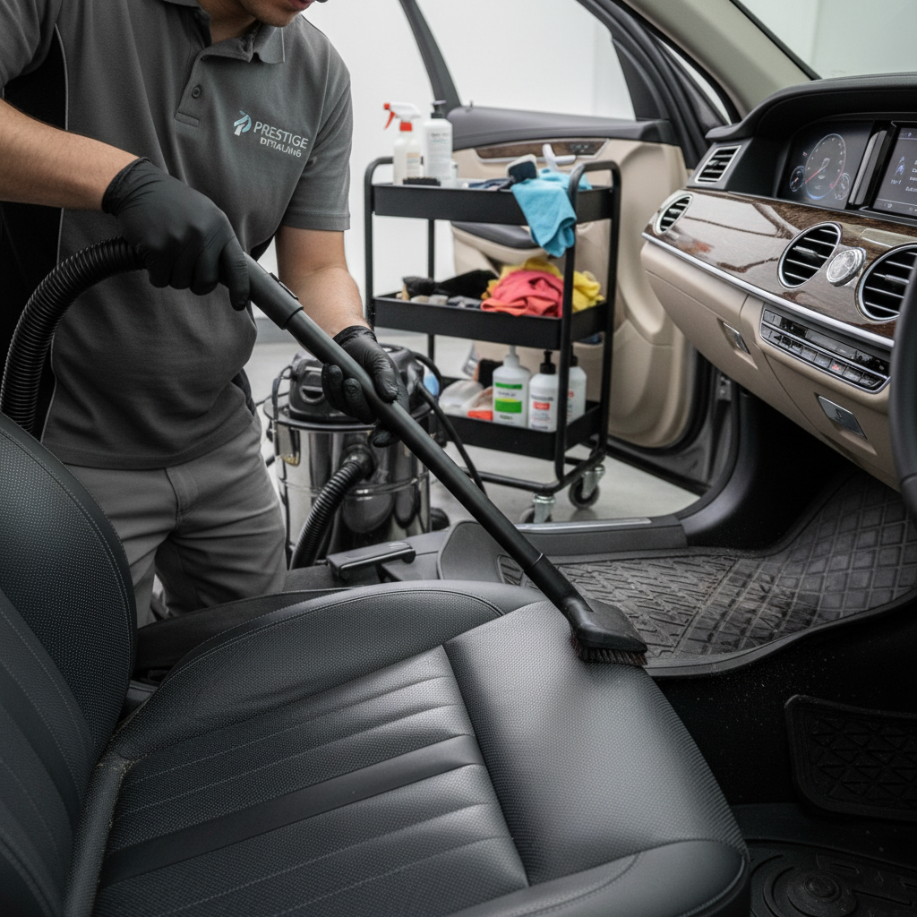 Professional extraction equipment reaches deep into seat foam and carpet backing where DIY cannot. Professional detailer vacuuming car interior seats and floor mats with commercial equipment