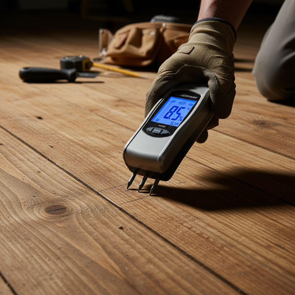 We use precision tools like moisture meters to ensure your floor is installed for longevity. A flooring specialist using a professional moisture meter to inspect a wooden subfloor before installation.