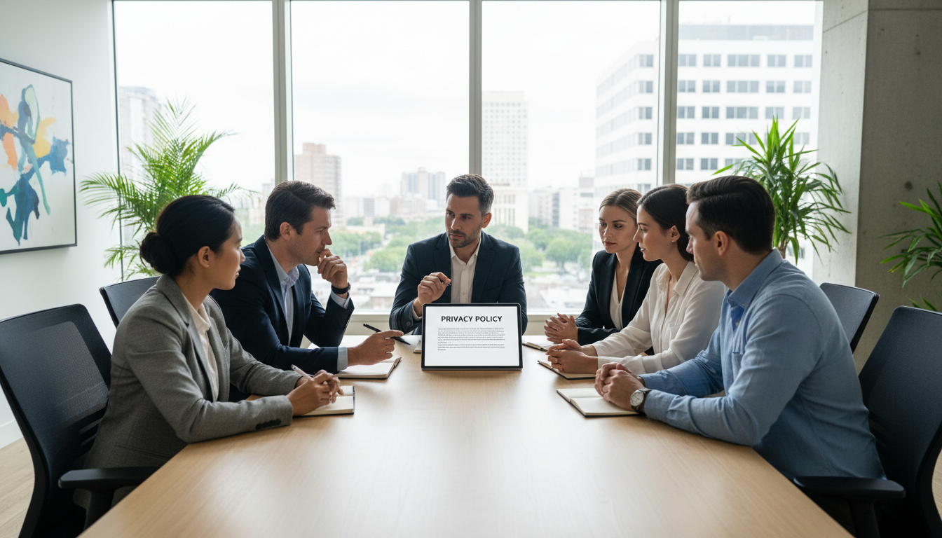 Healthcare providers must ensure their reputation strategy aligns with federal privacy laws. A professional business team in a modern office discussing privacy policy and compliance regulations.