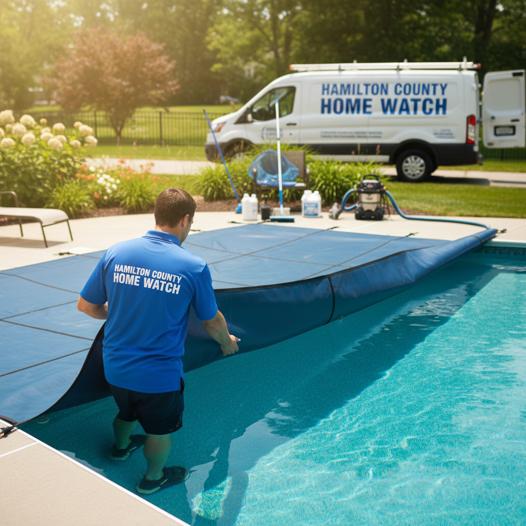 Proper seasonal transitions for pools and spas are critical for Hamilton County vacation rentals. A swimming pool being covered for the winter season in an Indiana backyard.