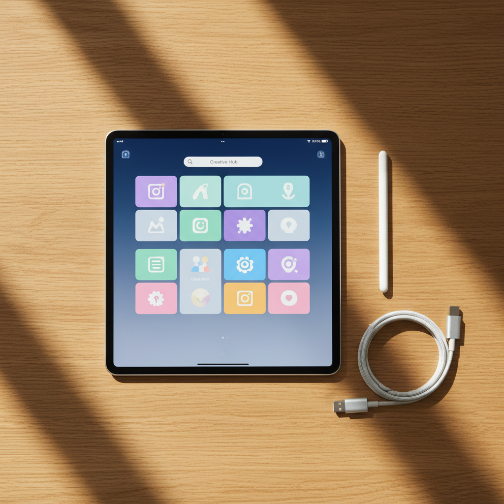 A tablet offers a much larger canvas for creativity and entertainment than a standard smartphone. A premium tablet on a light wood surface with a stylus and charging cable neatly arranged.