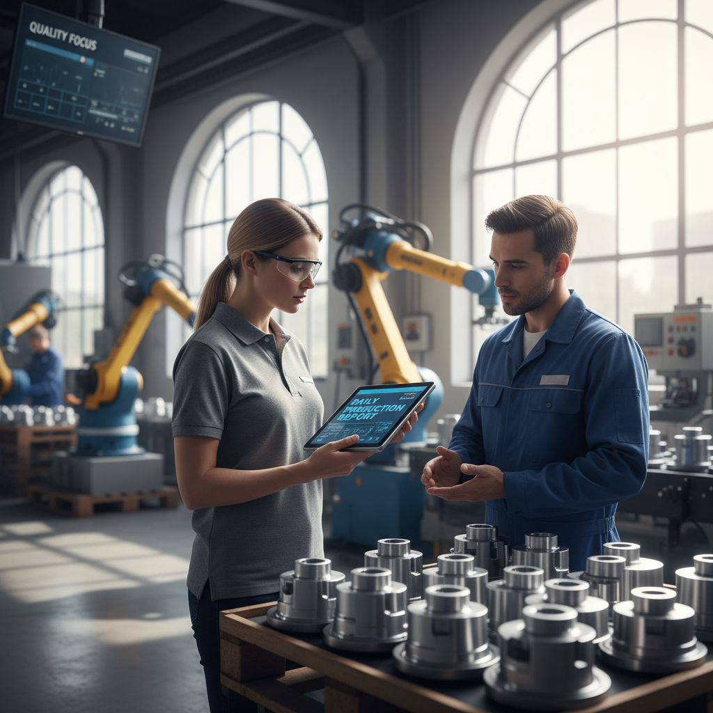 Direct collaboration between managers and technicians ensures consistency and rapid problem-solving. A production manager and technician collaborating on the shop floor to review a batch of completed parts.